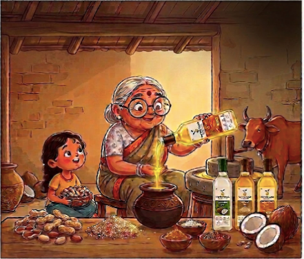 The Raw Seeds illustration — traditional wood and stone pressed oils with grandmother and child in a warm kitchen